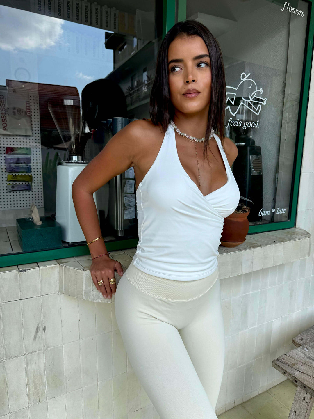 Cross Halter Tank Ivory - Kitty Activewear